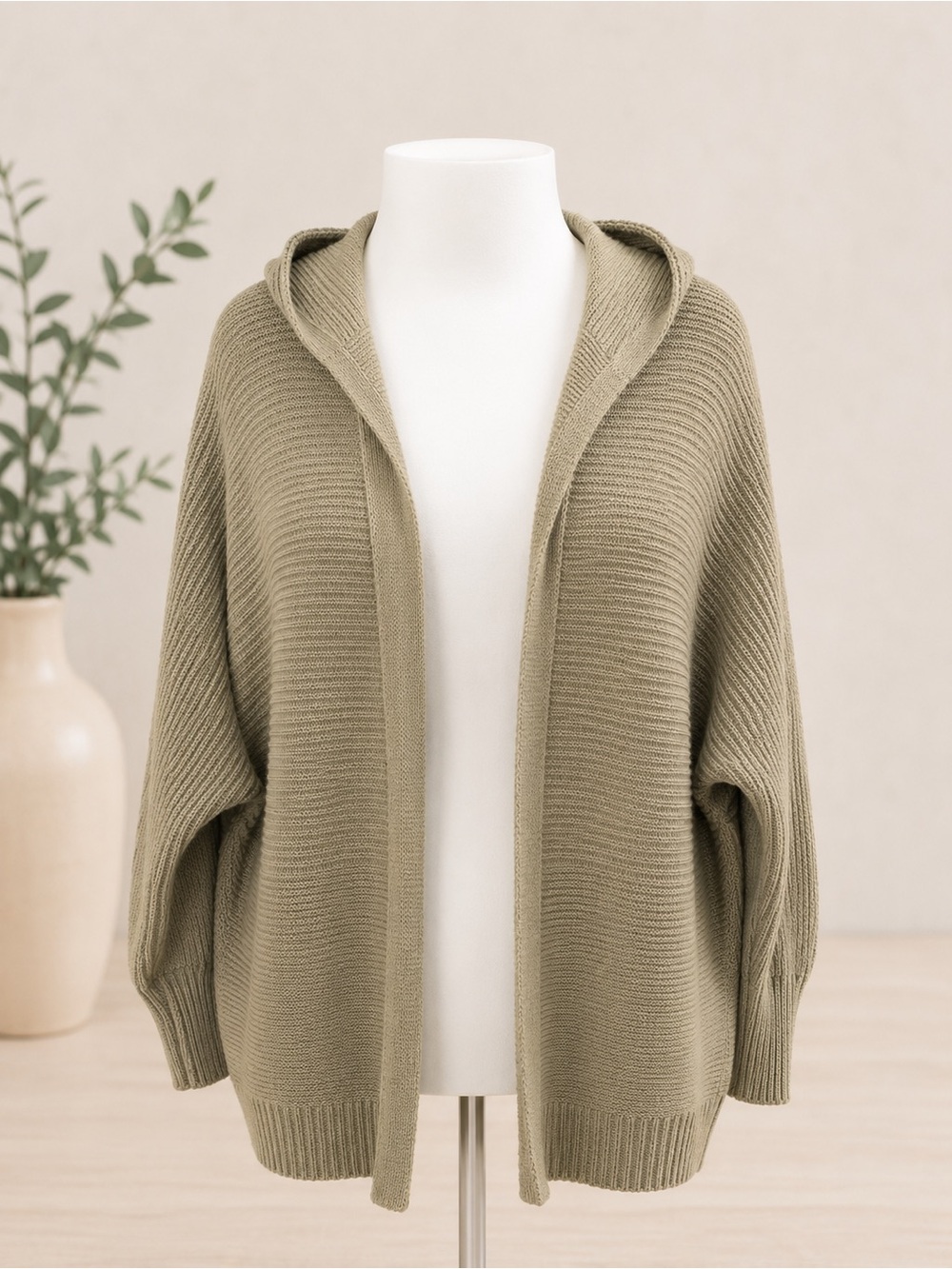 Marled Reunited Clothing Size Medium Sage Open-Front Ribbed Hooded Cardigan